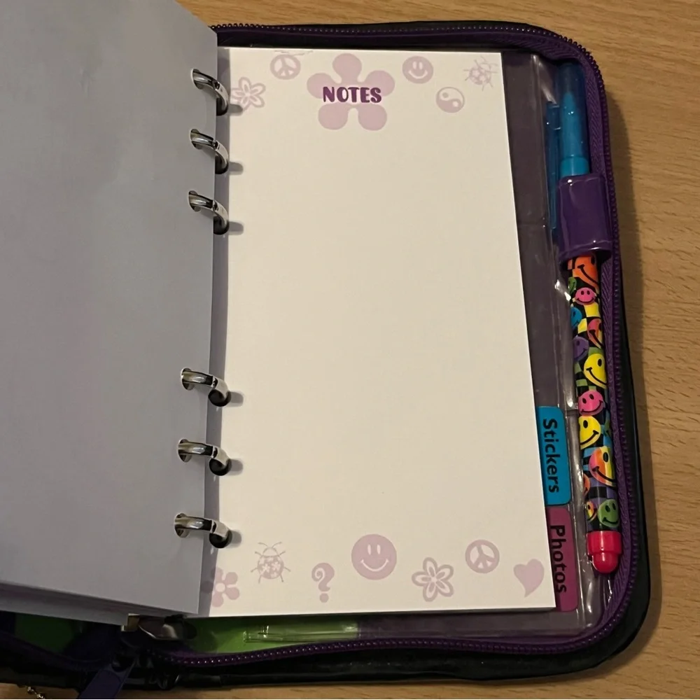 Vintage Y2K Lisa Frank Rainbow Smiley Face Zip Planner Agenda Stickers Pouch Pen